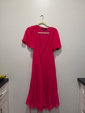 Lulu's Fuchsia Wrap Midi Dress with Flutter Sleeves